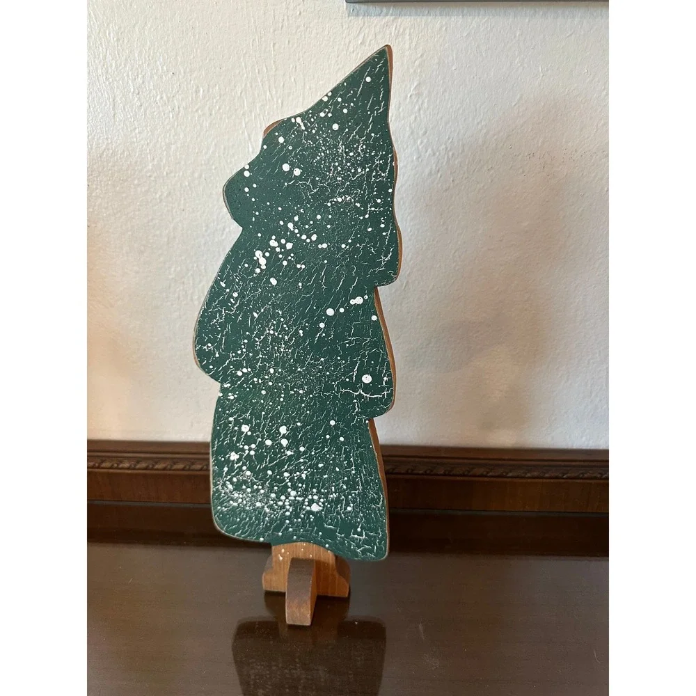 Vintage Rustic Wooden Christmas Tree Folk Art Crackle Green Snow Splatter 16''